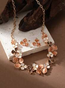 Cring Coco 1 conjunto de 3 peças de joias vintage boêmias minimalistas elegantes casuais cáqui com gotas de óleo esmaltadas em liga de zinco, conjunto de joias para decoração de flores, adequado para uso diário feminino, festas, encontros, presente de dia das mães