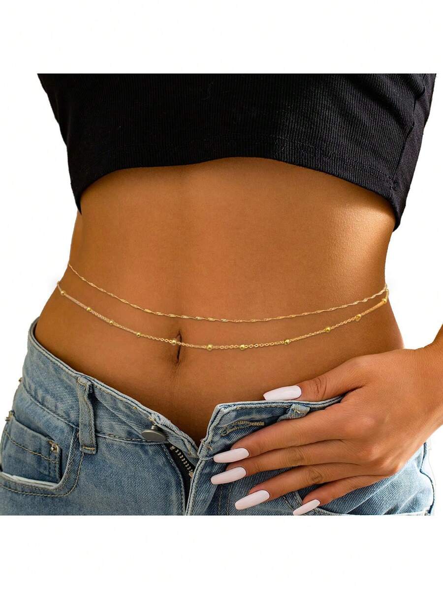 2pcs Fashionable Beaded Chain Heart Layered Sexy Body Chain Waist Belt, Versatile For Parties, Gatherings, Gifts And Daily Wear