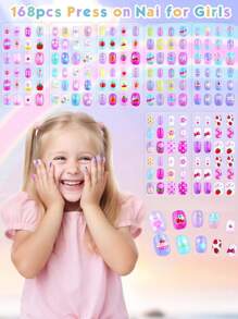(168pcs And 24pcs) Kids Press-On Nails For Girls, Naio Kids False Nails, Pre-Glued Sticker Nails, Full Coverage Short Acrylic Nails Set For Girls Nail Art Decoration