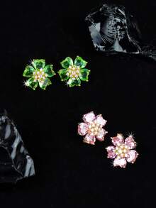 oudina 1 对轻质奢华锆石绿色花卉耳环，适合女性日常佩戴 - 綠色 - 查看 1