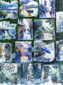 MOCARD 15pcs/Pack Large Size Watercolor Landscape Stickers, Creative Art Stickers, DIY Decorative Collage Craft Materials, Holiday Gifts, Personalized Scrapbooking School Supplies School Supplies,Back To School