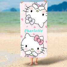 Sanrio 1 PIEZA personalizada con 2 gatitos opuestos, toallas de playa de verano, toallas de baño absorbentes y de secado rápido con estampado de dibujos animados, texto personalizado, impresión digital, chal protector solar para vacaciones en la playa, adecuado para niñas y adultos