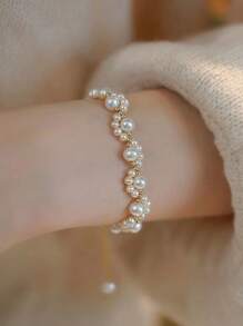 1pc Elegant Faux Pearl Braided Cat Scratch Bracelet, Fashionable Cute Bridal Accessory Gift For Friends, Mother