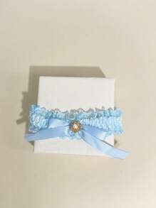 1pc Elegant Lace Elastic Garter, Rhinestone Bow & Faux Pearl Decor Thigh Chain, Bridal Leg Garter, Blue Wedding Accessory