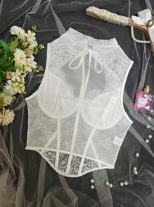 1pc New Fashion Sexy Fishbone Lace Mesh Corset Vest For Women, Adjustable Tie Hollow Out Bodycon Camisole Top