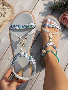 WRCVS 银色女士凉鞋平底凉鞋交叉趾露趾轻便防滑度假风格编织图案随机波西米亚流苏户外凉鞋 - 銀色 - 查看 1