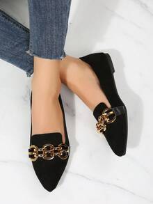 Foreign Trade Large Size Women's Spring And Autumn New Fashion Black Metal Chain Decoration Shallow Mouth Pointed Flat Shoes Daily Wear Comfortable All-Match Commuting Work Driving Party One-Step Soft Sole Toe Shoes Women's Shoes - 黑色 - 查看 3
