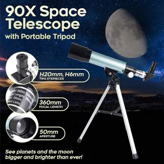 Astronomische telescoop voor volwassenen, professionele 90x astronomische landschapstelescoop met statief, 2 vergrotingsoculairen, 1,5x Barlow-lens