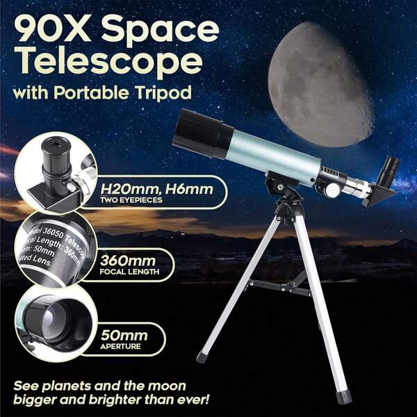 Telescopio astronómico para principiantes adultos, telescopio astronómico profesional de paisaje 90X con trípode, 2 oculares de aumento y lente Barlow 1.5X