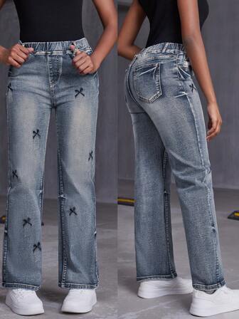 Girls & Teens Fashion Embroidered Casual Elastic Waist Straight Leg Jeans Pants