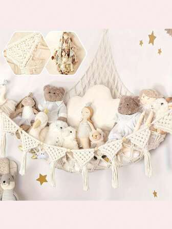 1pc Knitted Plush Doll Storage Triangle Net Bag, Can Be Hung As A Swing Or Hammock In The Corner, Cute And Practical As Decor