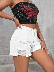 Shorts vaqueros blancos casuales de mujer con bolsillo y borde deshilachado