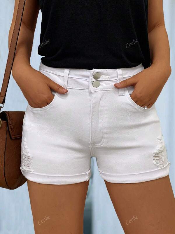 Women's Casual Simple Denim Cuffed Waist Zip Front Skinny Shorts, Summer
