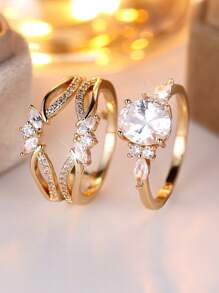 Vanel 2 Stücke Vintage exquisit eingearbeiteter synthetischer Zirkonia Rund-Schliff Ringe für den täglichen Lässig-Gebrauch und Verlobungsparty Schmuck 2-teiliges Ringset