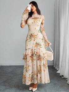 Women's Gothic Elegant Sexy Mesh Patchwork Colorful Floral Print Retro Flare Sleeve Ruffle Hem Fishtail Double Layer Dress - Multicolor - View 5