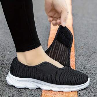 Adjustable Hook And Loop Black Flat Shoes Unisex, Suitable For Foot Swelling, Arthritis, Easy To Wear And Take Off, Breathable Mesh, Soft Sole, Comfortable Daily Walking Casual Mom Shoes