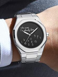 1pc Men's Elegant Business Casual Silver & Black Stainless Steel Band Quartz Wrist Watch With Arabic Numerals, Suitable For Office, Social Events, Gifts - Silver and Black - View 9