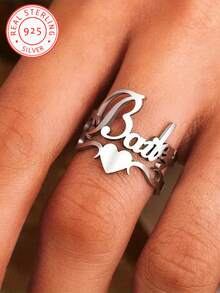 One Piece 925 Silver Custom Adjustable Name Ring, Romantic Stainless Steel Heart Ring For Weddings And Valentine's Day