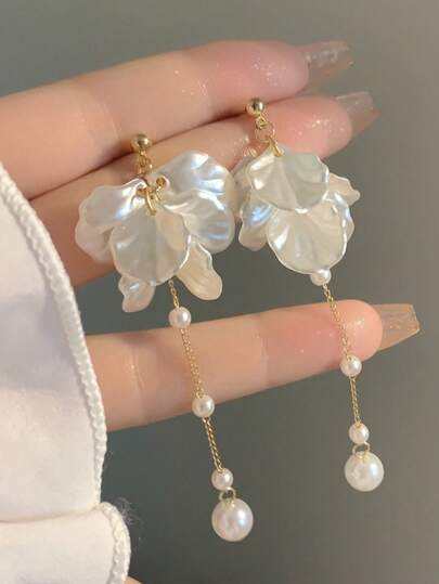 1쌍 한국 에테르 플로럴 꽃잎 진주 태슬 귀걸이, 우아한 소녀풍 귀여운 귀걸이