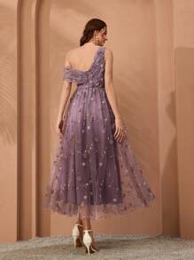 Mgiacy、新品、单肩、浪漫、3D花卉、刺绣、不对称、优雅、伴娘礼服、褶饰、淡紫色、长裙