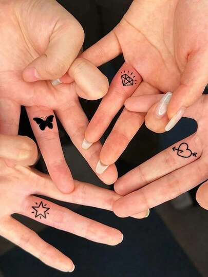 4pcs Black Mini Heart, Butterfly, Diamond, Crescent Moon & Treble Clef Design Temporary Tattoo Stickers, Unisex For Daily, Party, Holiday Gifts, Body Decoration On Finger, Wrist, Ear, Shoulder, Neck, Collarbone, Skin