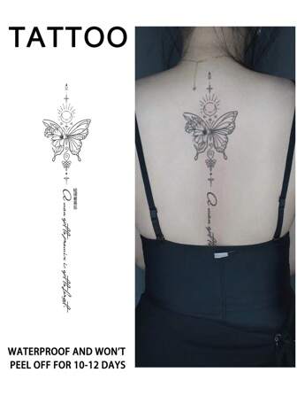 1Pc Spine Fake Tattoo Temporary Tattoos Semi Permanent Tattoo Butterfly Waterproof Sweatproof Last For 1-2 Weeks Realistic Herbal Juice Anti-Friction Non-Reflective Black For Woman And Men Tattoo Stickers For Arm, Chest, Leg, Abdomen, Waist, Finger, Neck, Spine, Modernist Body Art