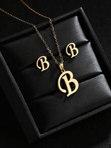 1 Set A-Z Stainless Steel Initial Necklace And Stud Earrings Jewelry Sets Alphabet Letter Pendant Chain Accessories Gifts