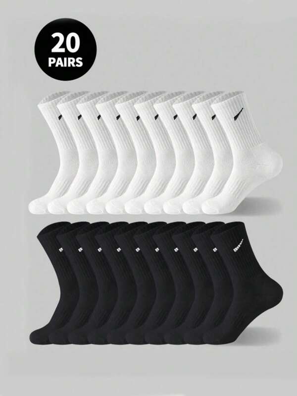 6 paires/12 paires/18 paires 30 paires/40 paires Chaussettes d'hiver épaisses noires et blanches pour hommes, mode, décontractées, confortables, anti-odeurs, pour sports extérieur, course, fitness, chaussettes de compression jusqu'au genou, chaussettes hautes noires et blanches pour loisirs et vacances