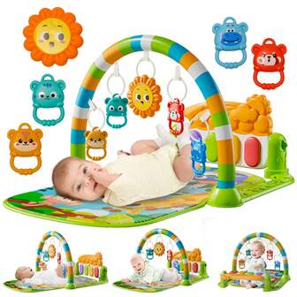 Babypianomatta med spegel och hängande leksaker, 0+ spädbarns sparkpianomusikleksaksmatta med mjuk krypmatta, perfekt för barns känslor, syn, intelligensutveckling, interaktionsleksak, hörsel, föräldra-barn-bonding, lämplig för jul, födelsedag, halloweenpresenter (rosa/grön)