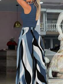 Commute/Date Night Elegant Set: Elastic Knit Sleeveless Mock Neck Cropped Top + Flowing Wide Leg Pants With Geometric Pattern & Side Pockets, Suitable For Outings - Navy Blue - View 2