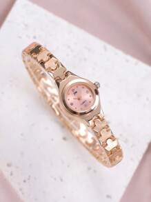 jw 1 Pieza Reloj de mujer Premium de color rosa, dulce y delicado, con caja de aleación redonda, esfera de moda con escala de cristales, reloj de cuarzo elegante, fácil de llevar, adecuado para decoración diaria, regalo de vuelta al colegio para estudiantes