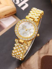 5pcs/Set Fashionable And Elegant Butterfly & Rhinestone Decorated Ladies' Watch And Heart-Shaped Big Rhinestone Jewelry Set, Suitable For Daily Wear Valentines
