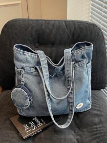New Fashion Casual Solid Color Washed Canvas Women Tote Bag With Multiple Pockets, Shoulder Bag, Large Capacity Suitable For Commuting & Shopping,Including Coin Purse