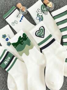 5 Pares (Estilos Aleatórios) Meias de Média Cano Versáteis para Todas as Estações para Mulheres, Azul/Verde, Estilo Streetwear Chique, Estilo Tulipa Grafite Fofo Estilo Universitário