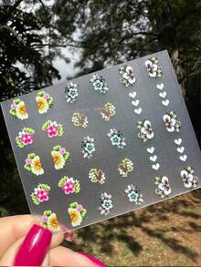 100 Adesivos de Unhas 3D Pré Pronto Desenhos Flores e Borboletas (Tem que Finalizar com Base) - Multicolorido - Visão 4