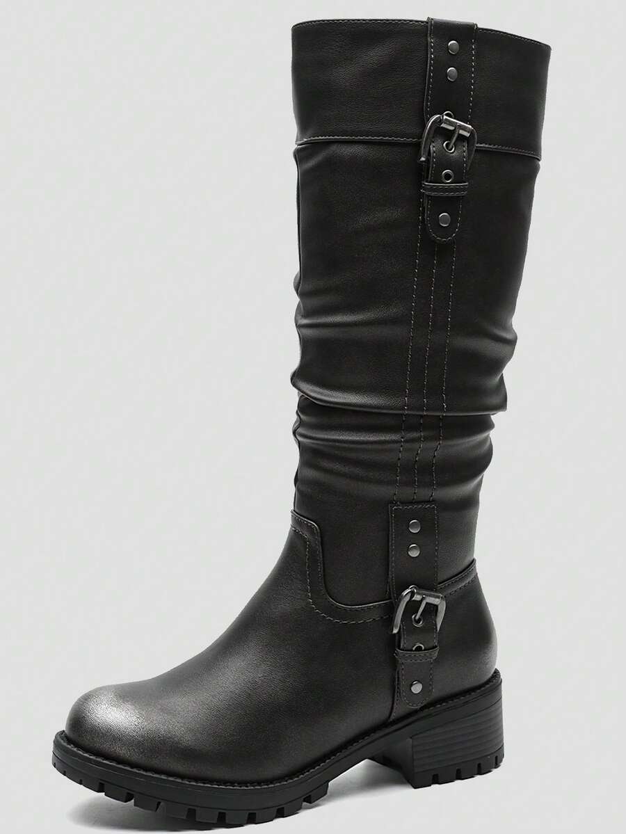 GLOBALWIN Women's Knee High Boots Chunky Low Heel Boots For Women Fashion Dressy Riding Boots Fall Boots Halloween Season - 仿古銀 - 查看 1