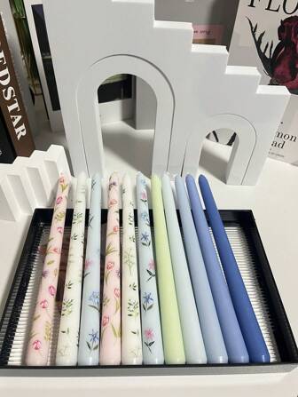 4pcs/Box New Long Stem Candles (Height: 25cm/9.84in), Creative Printed Candles, Solid Color Candles, Smokeless Candles, Handmade Soy Wax Candles, Floral Candles, For Home Decor, Bedroom, Living Room, Dining Table, Party, Romantic Atmosphere, Valentine's Day, Wedding