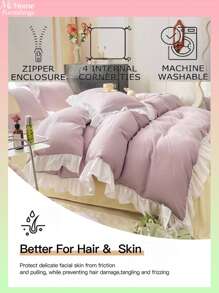 3 pièces Ensemble de literie étudiante très doux de couleur violet clair, housse de couette plissée grande fleur amicale pour la peau (1 housse de couette, 2 taies d'oreiller), lavable sans rembourrage
