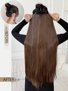 18 英寸长直发接发 4 个安全夹 V 型接发夹浅棕色接发，耐热纤维合成假发，适合日常派对