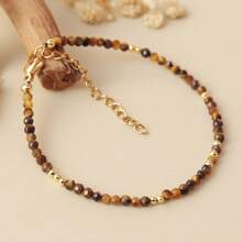 1 PIEZA Pulsera de Ojo de Tigre facetada de 3mm - Natural, estilo vintage bohemio con cadena en tono dorado, perfecta para uso diario o regalo, joyería versátil para todas las estaciones|Estilo vintage bohemio|Pulsera de piedra natural