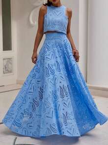 Women 2 Piece Eyelet Skirt Set Sleeveless Hollow Out Lace Tank Top Maxi Skirt Outfits Night Club Party Dress - 藍色 - 查看 2