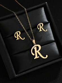 1 Set A-Z Stainless Steel Initial Necklace And Stud Earrings Jewelry Sets Alphabet Letter Pendant Chain Accessories Gifts
