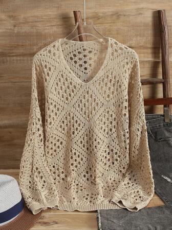 V-Neck Thin Knit Printed Sweater For Women, Long Sleeve, Fashion, Crochet, Solid Color Knitted Fabric, Suitable For Daily Wear And Holidays, Summer