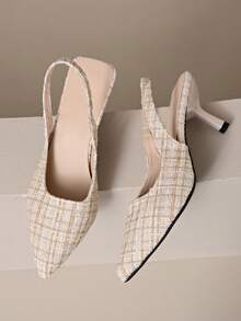 Sapatos de Salto Alto de Bico Fino Femininos - Parte Superior de Tecido Listrado com Bordado Decorativo, Forro Sintético e Sola de Borracha, Sapatos Formais e Casuais Elegantes para Todas as Estações, Adequados para Ocasiões Formais | Estilo Sofisticado | Durável e Resistente ao Desgaste