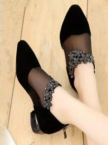 Elegant Spring & Summer Women's Rhinestone Decorated Mesh Sandals - Pointed Toe, Low Heel, Flat, Non-Slip Rubber Sole, Zip Closure, Black, Comfortable Casual