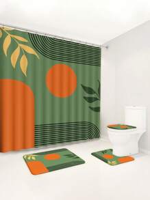 1pc/4pcs Bohemian Medieval Leaf & Sun Design Bathroom Waterproof Shower Curtain Set 12 Hooks, Bathroom Anti-Slip Mat, U-Shape Mat & Round Toilet Seat Cover, Full Bathroom Set For Multi-Scenarios Back To School