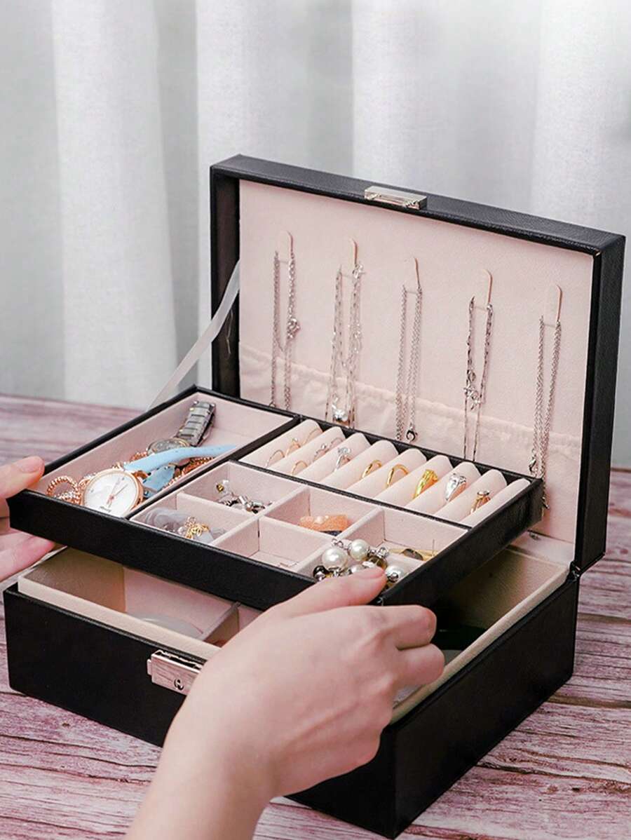 Large Capacity Jewelry Storage Box, Double Layer Lockable Necklace Earring Organizer Box, Big Space Ring Earring Jewelry Box, Double Layer Jewelry Box, Leather Portable Jewelry Box With Removable Tray, Fabric Lining, Key Lock Closure - Desktop Storage, Travel Jewelry Box, Jewelry Organizer For Necklaces, Rings, Watches, Bracelets, Best Gift For Family, Friends, Students, Teachers, Goddess, Holiday Gifts
