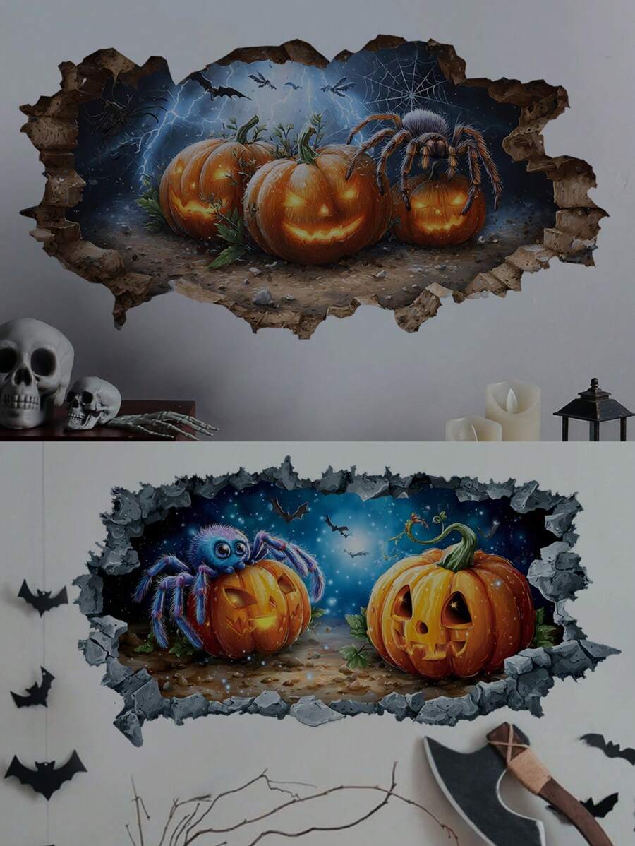Zucca con crepe 3D e adesivi da parete per Ognissanti, impermeabile, rimovibile, autoadesivo, facile da applicare e staccare, PVC rimovibile per soggiorno, camera da letto, bagno, decorazioni festive, decorazioni per Ognissanti