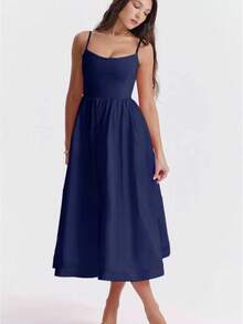 Solid Color Sexy U Neck Ruched Waist Pleated Slip Dress - Navy Blue - View 3