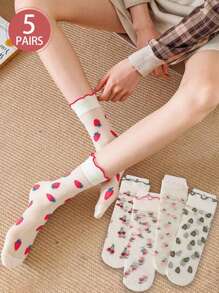 5 Pares (Estilos Aleatórios) Meias de Média Cano Versáteis para Todas as Estações para Mulheres, Azul/Verde, Estilo Streetwear Chique, Estilo Tulipa Grafite Fofo Estilo Universitário